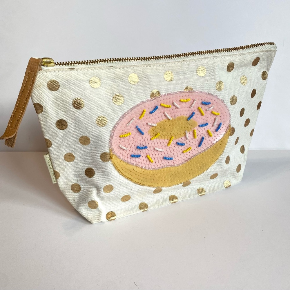 Bow and Drape gold polka dot clutch with donut sequin patch, Like new